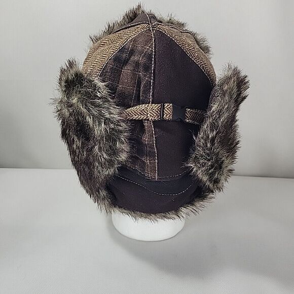 Earth Ragz Trapper Hat Brown Patchwork Faux Fur Ear Flaps Hunting Aviator Winter - Picture 8 of 12
